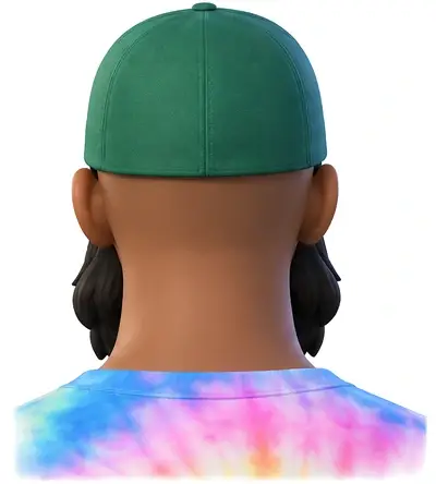 aHumaann avatar head, back view: green cap, mirrored sunglasses and full black beard