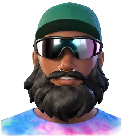 Portrait of the aHumaann avatar: green cap, mirrored sunglasses and a full black beard