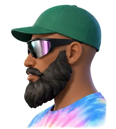 aHumaann avatar head, left profile view: green cap, mirrored sunglasses and full black beard