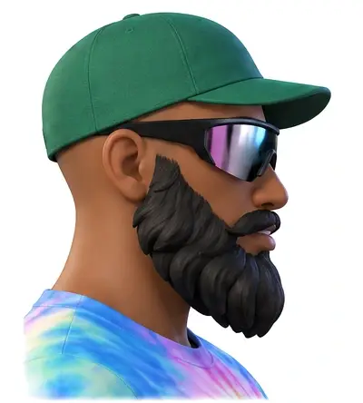 aHumaann avatar head, right profile view: green cap, mirrored sunglasses and full black beard