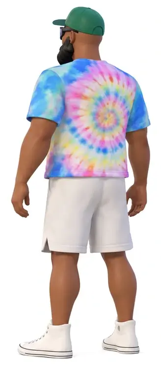 aHumaann avatar, back three-quarter view: green cap, mirrored sunglasses, full black beard, pastel tie-dye T-shirt, off-white shorts and white high-top sneakers