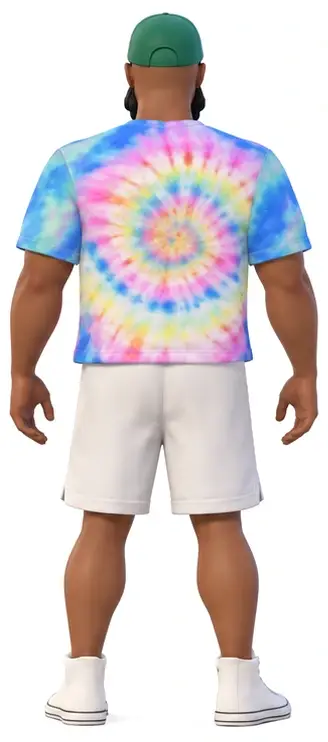 aHumaann avatar, back view: green cap, mirrored sunglasses, full black beard, pastel tie-dye T-shirt, off-white shorts and white high-top sneakers