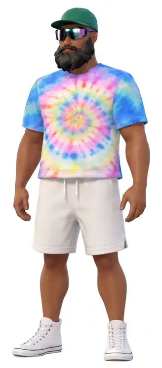 aHumaann avatar, front three-quarter view: green cap, mirrored sunglasses, full black beard, pastel tie-dye T-shirt, off-white shorts and white high-top sneakers