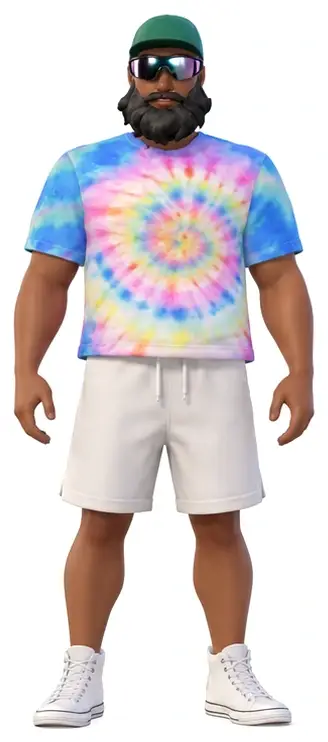 aHumaann avatar, front view: green cap, mirrored sunglasses, full black beard, pastel tie-dye T-shirt, off-white shorts and white high-top sneakers