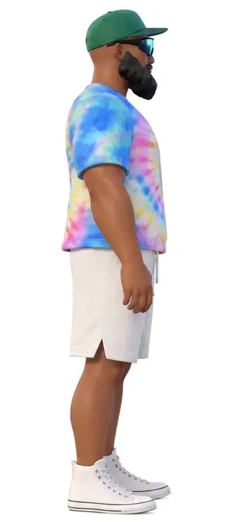 aHumaann avatar, left profile view: green cap, mirrored sunglasses, full black beard, pastel tie-dye T-shirt, off-white shorts and white high-top sneakers