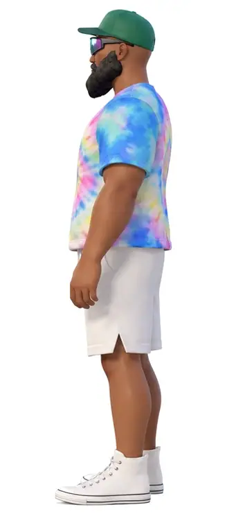 aHumaann avatar, right profile view: green cap, mirrored sunglasses, full black beard, pastel tie-dye T-shirt, off-white shorts and white high-top sneakers