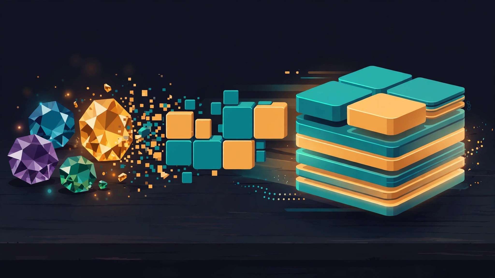 Editorial illustration of gemstones transforming into stacked modular skill blocks