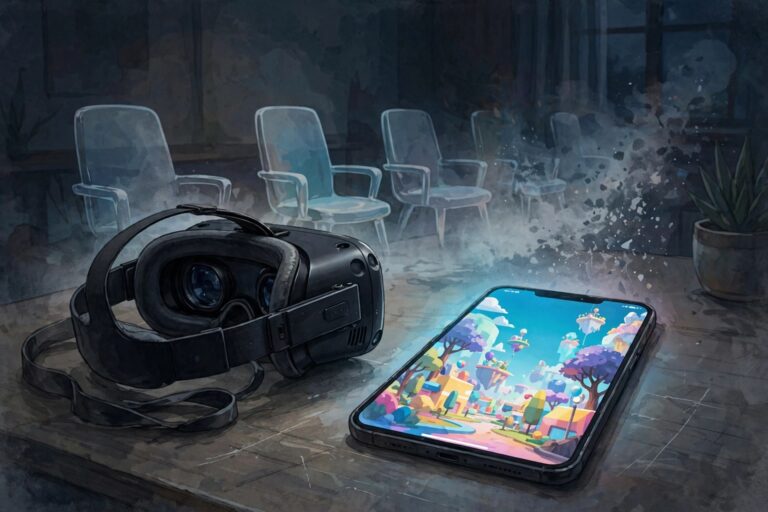 Editorial illustration of a VR headset on a table facing a phone screen showing a colourful virtual world