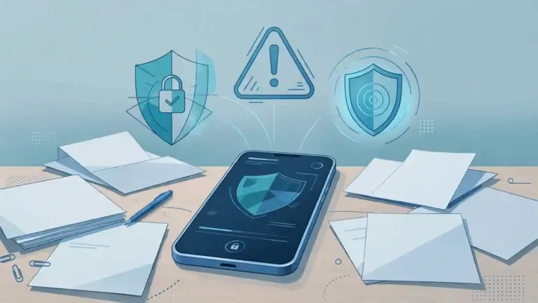 Why do payment apps flag transfers — a smartphone with verification shield and warning icons above scattered documents