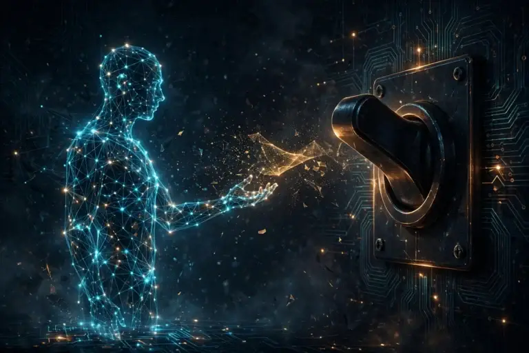 Xe Money Transfer refund delay — a digital figure reaching toward dissolving money in front of a giant switch flipped off