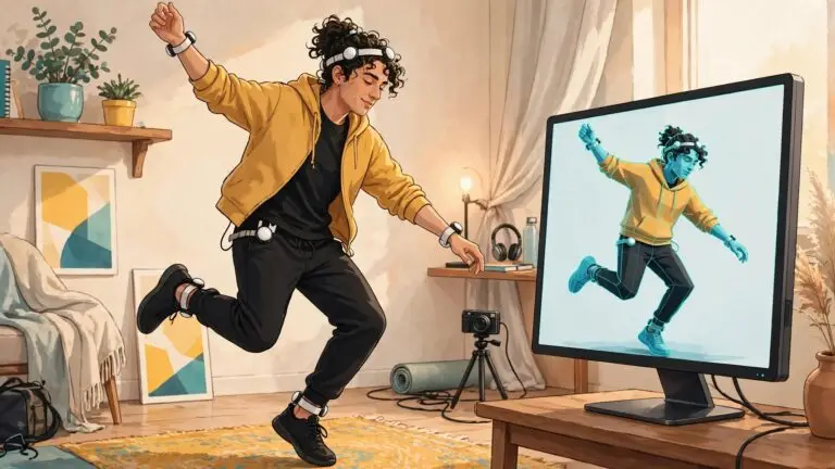 Sony mocopi full-body tracking: a creator in a living room wearing six motion-capture sensors on head, wrists, hip and ankles, with a 3D VR avatar on a monitor mirroring the pose