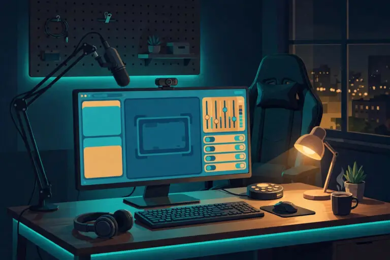 OBS Studio 32 new features for streamers on a streaming desk, with a monitor showing scene panels, an audio mixer and plugin toggles, a microphone and a gaming chair