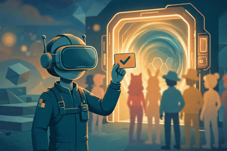 VRChat age assurance shown as an avatar holding a checked ID card before a glowing portal, with other avatars waiting behind